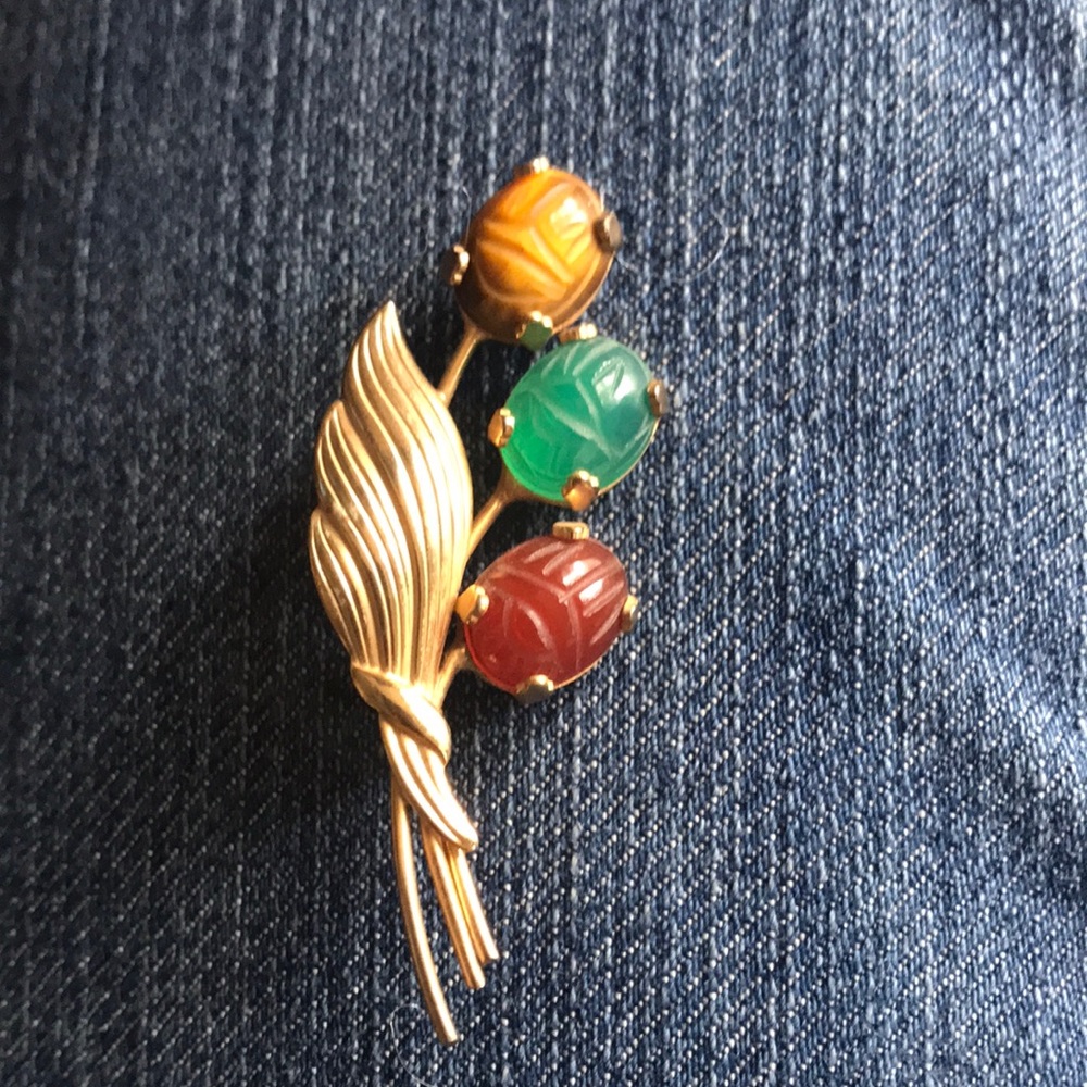 Vintage Floral Scarab Jade Brooch by Burt Cassell 1/20 12kt Gold Filled.